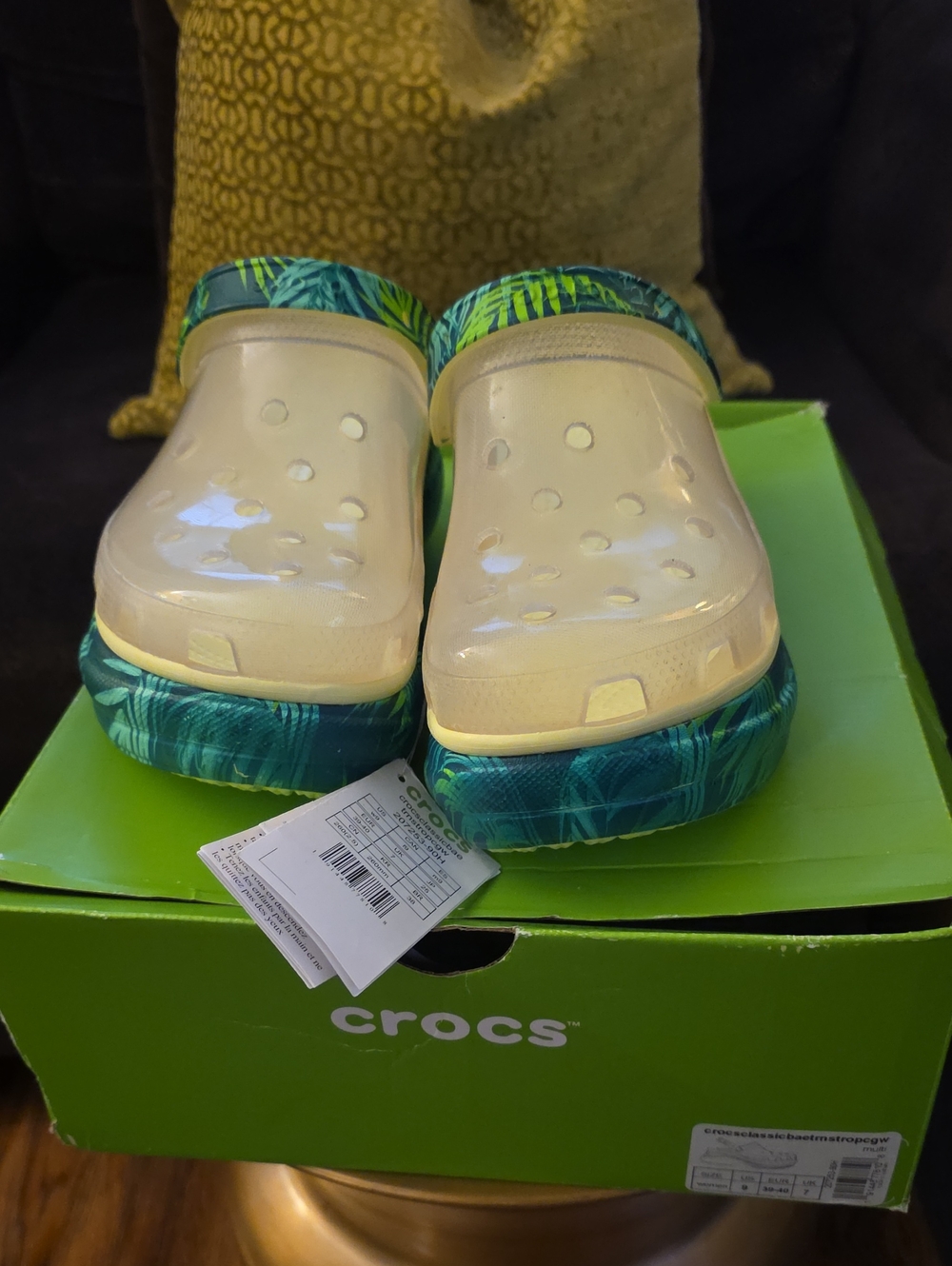 CROCS Kids Classic Clog in Cream with Green Tropical Trim